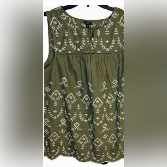 Talbots Embroidered Scallop Hem Top Olive green Sleeveless Linen Cotton Size XP - Picture 4 of 5